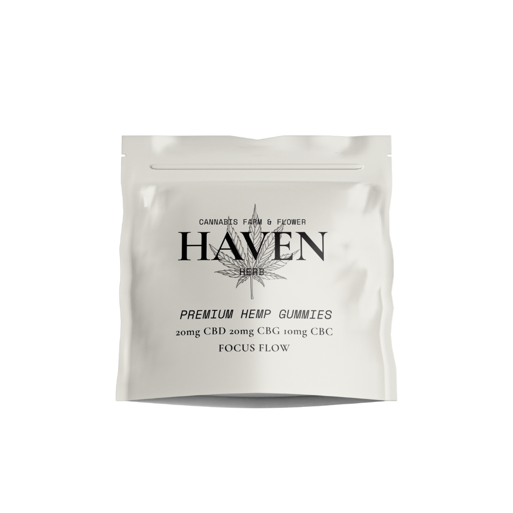 Haven Herb premium hemp focus gummies for adults with 20mg CBD 20mg CBG and 10mg CBC in white resealable pouch