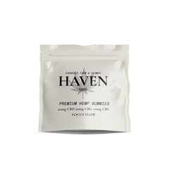 Haven Herb premium hemp focus gummies for adults with 20mg CBD 20mg CBG and 10mg CBC in white resealable pouch