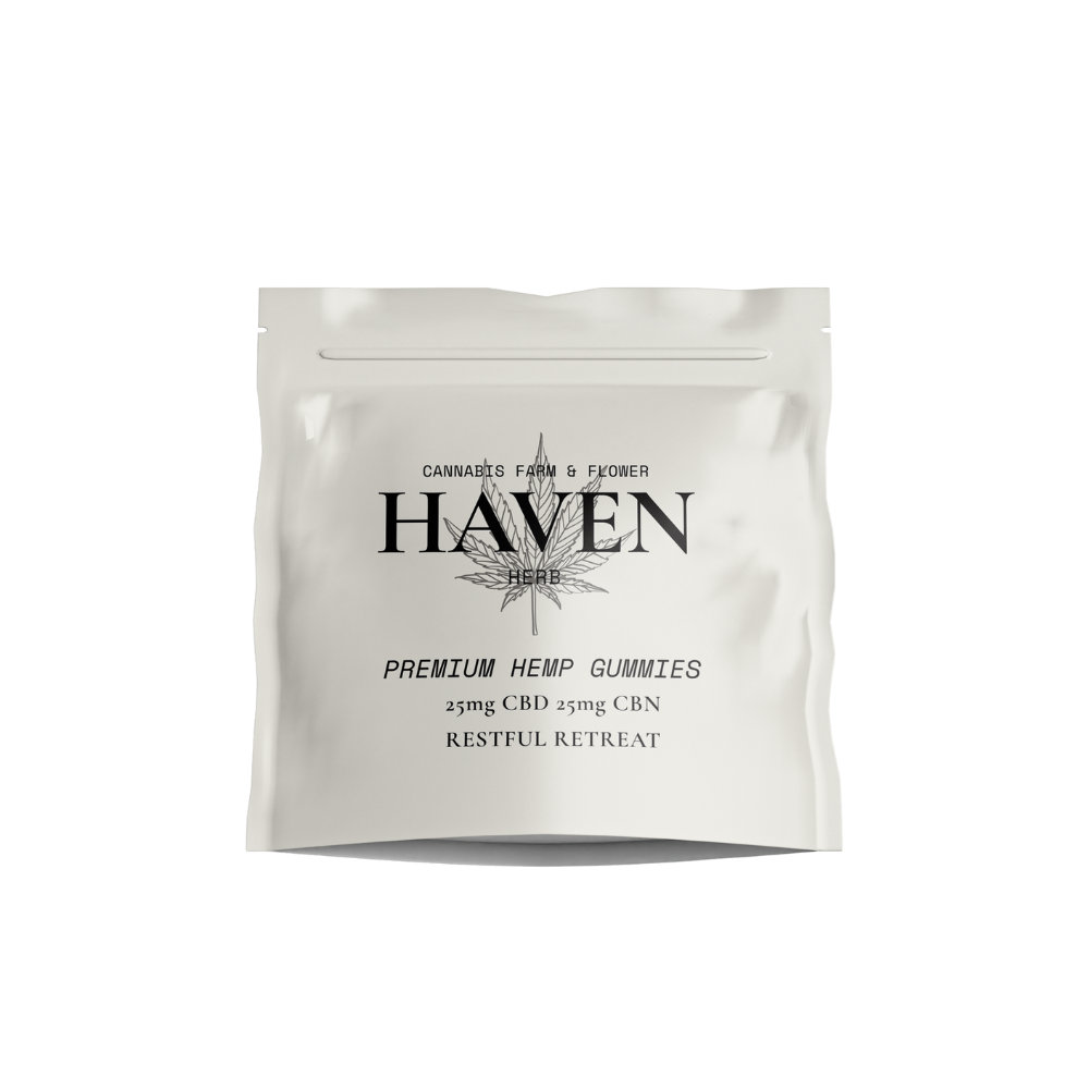 Haven Herb premium hemp gummies package with 25mg CBD and 25mg CBN for restful retreat