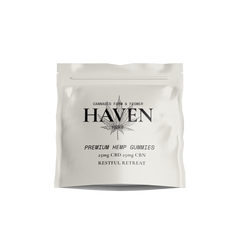 Haven Herb premium hemp gummies package with 25mg CBD and 25mg CBN for restful retreat