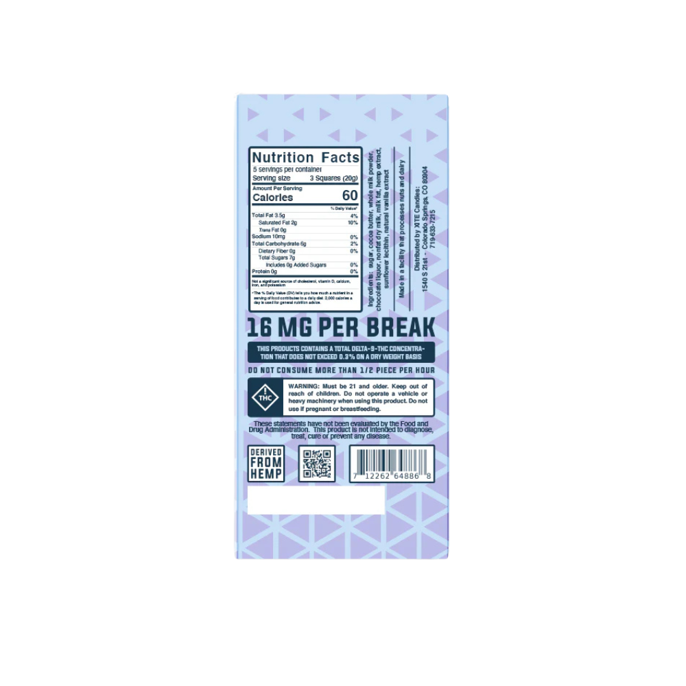 Back of Haven Herb hemp infused chocolate bar packaging showing nutrition facts and dosage information