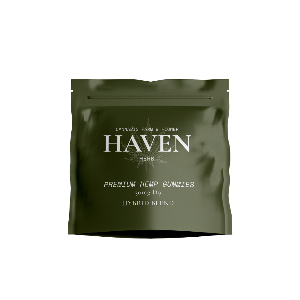 Haven Herb premium hemp gummies hybrid blend D9 edibles 30mg D9 in green resealable pouch
